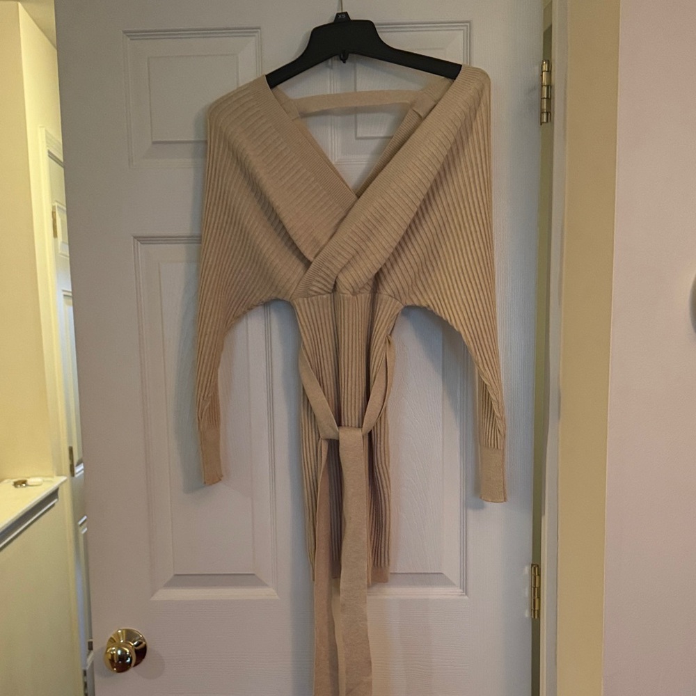 Beige Ribbed Wrap Dress with Tie